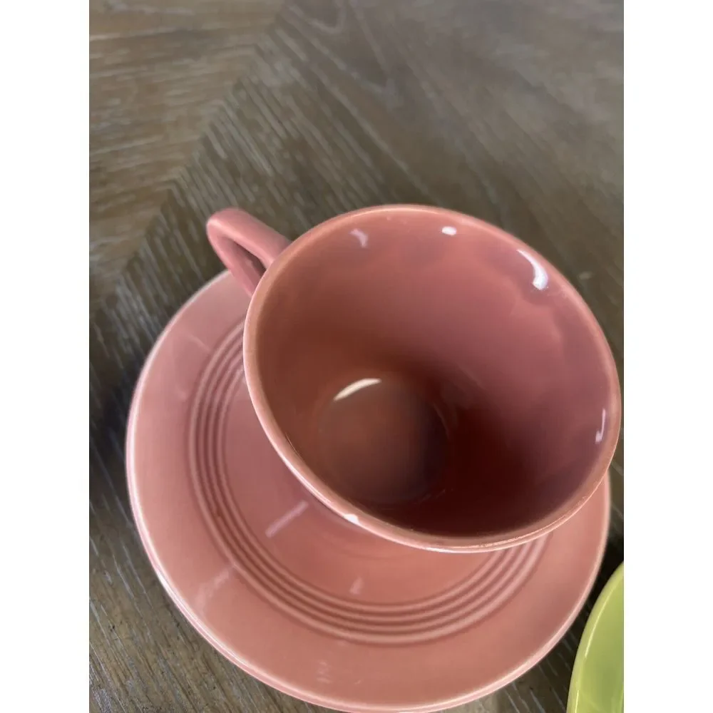 Homer Laughlin China - Harlequin 4 Cups 3‎ Saucers - Chartreuse Yellow Blue Rose
